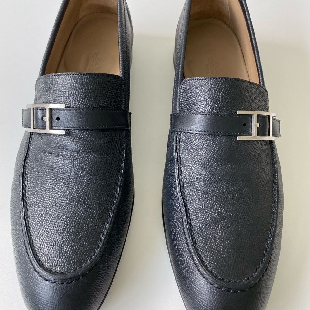 Hermes Men's Black Leather Loafers Size 43.5 EU